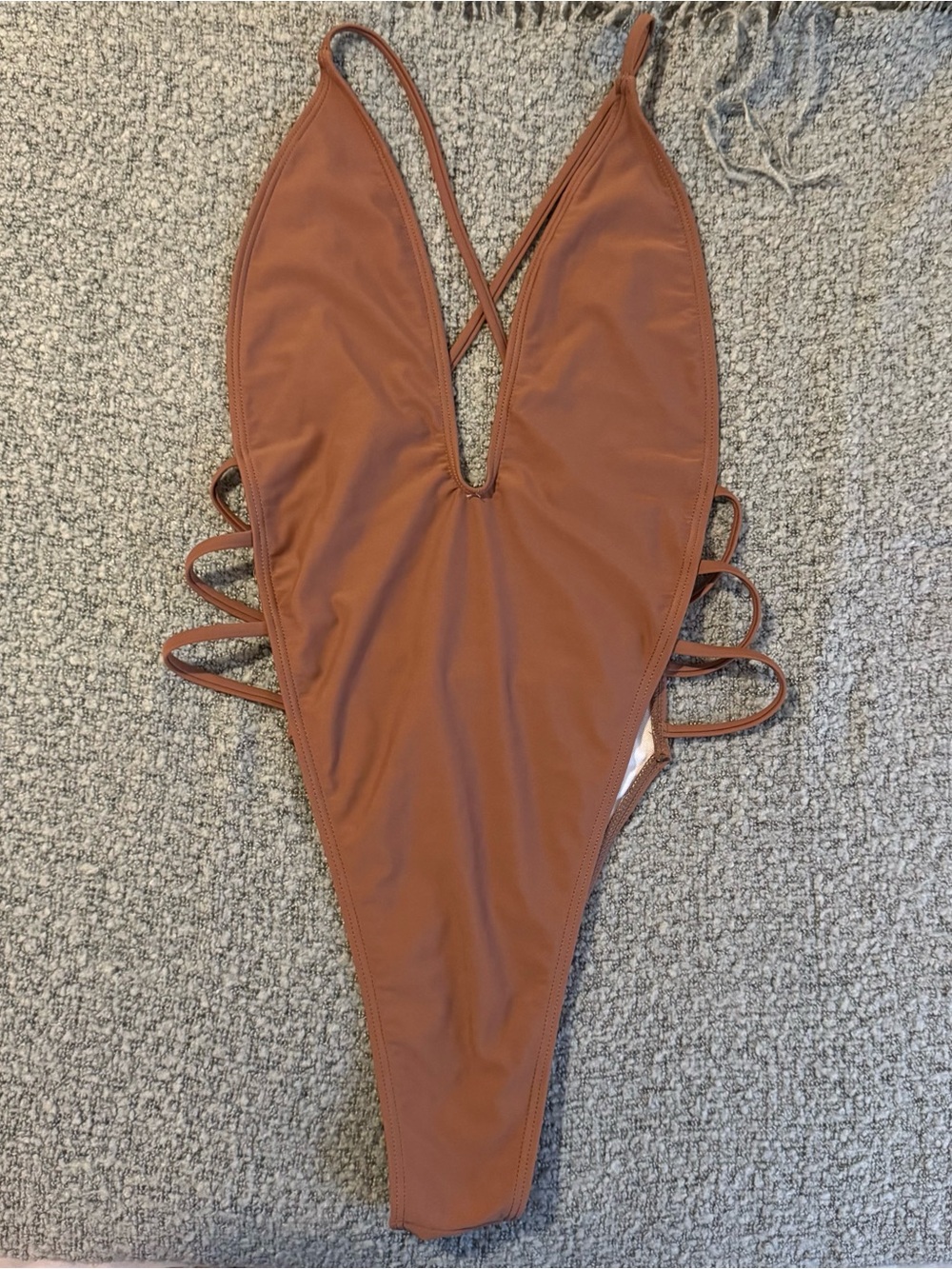 MATTE Collection Brown Plunge Strappy One Piece Swimsuit M